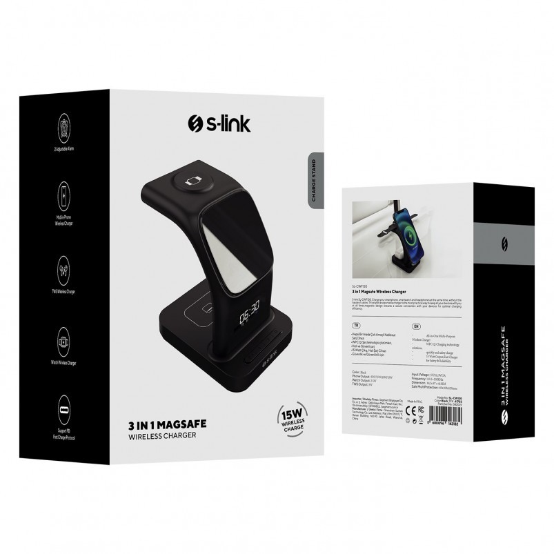 S-link SW-CWF130 Promosyon Telefon Wireless Standı – 3’ü 1 Arada Kablosuz Şarj Çözümü